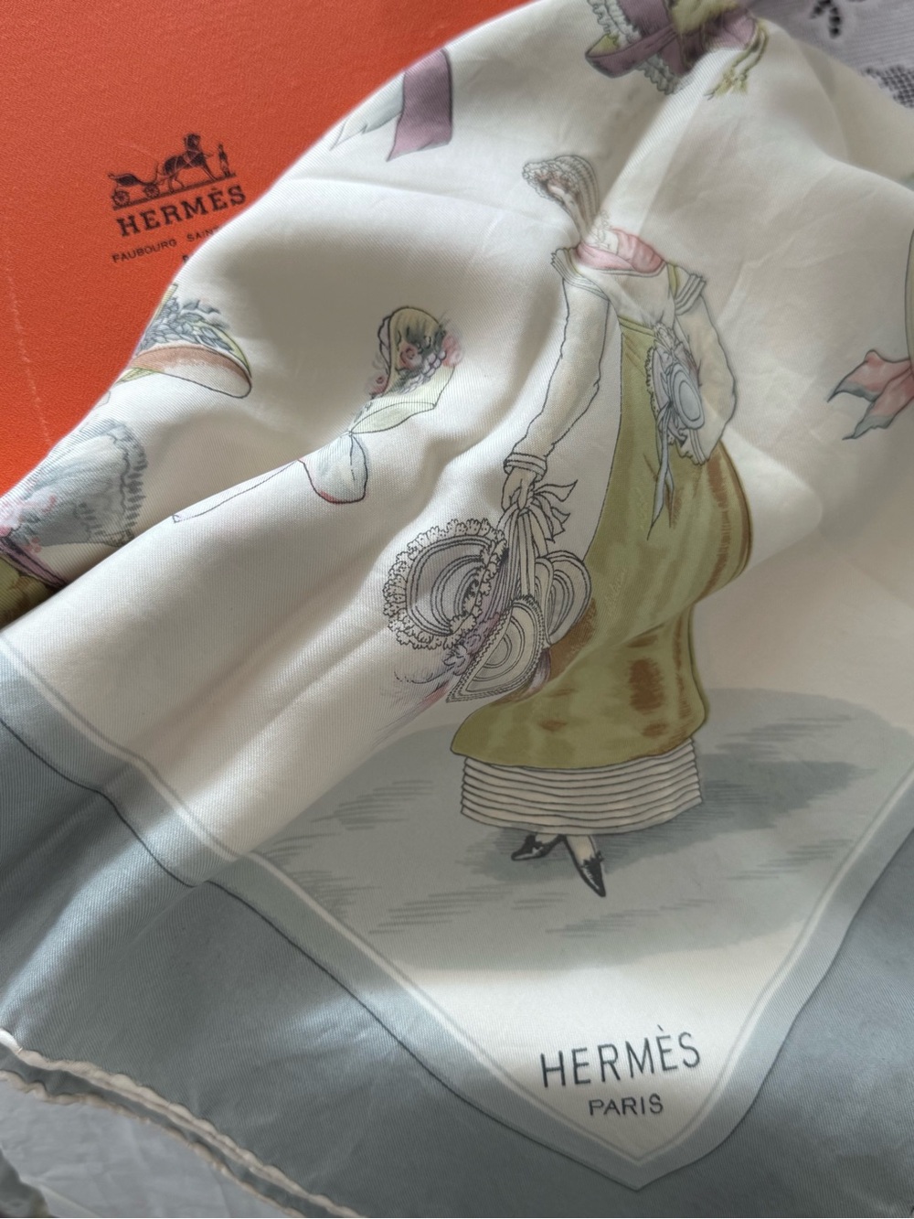 Vintage Hermes Paris Cream & blue Silk Scarf